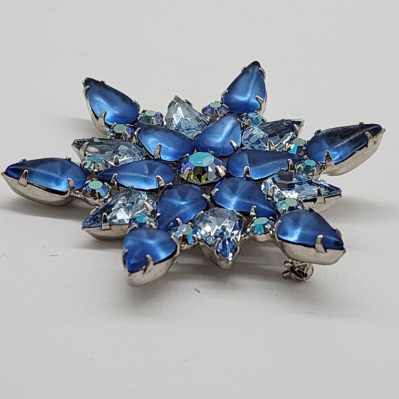 Blue Glass Cabochon Faceted Rhinestone Brooch Star Shape Open Back Silver VTG - Picture 5 of 9